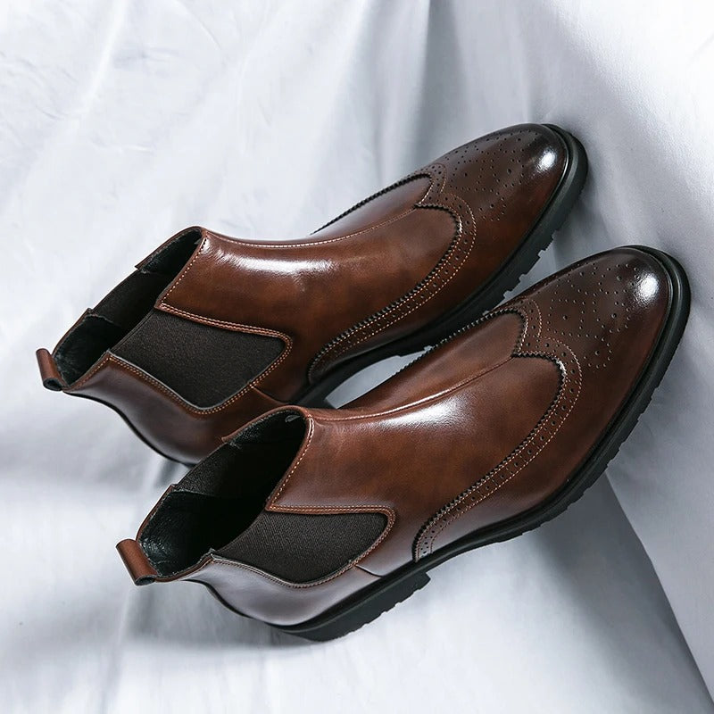 Leather Chelsea Boots with Brogue Detailing and Shock-Absorbing Sole
