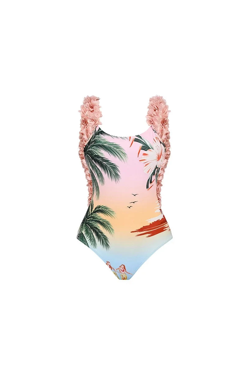 Coconut Tree Print Applique One-Piece Swimwear