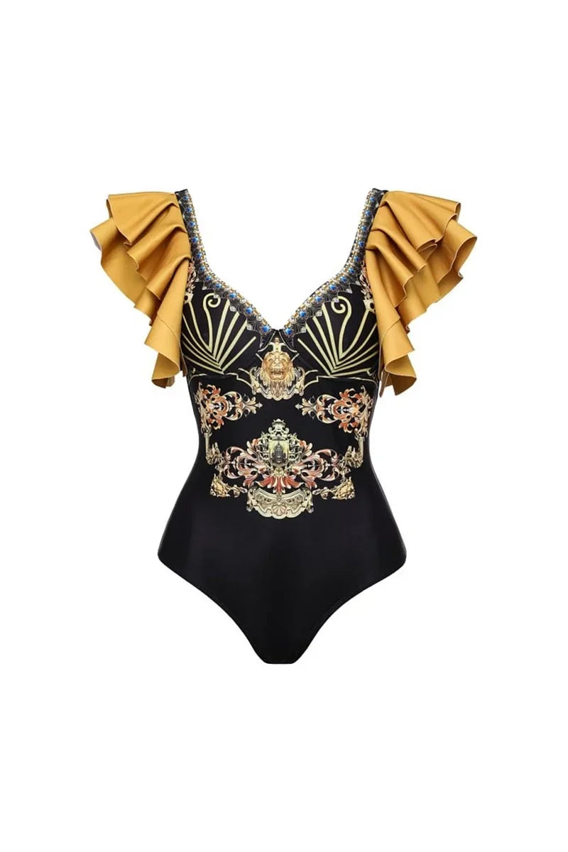 Black Gold Ruffled Swimwear Set