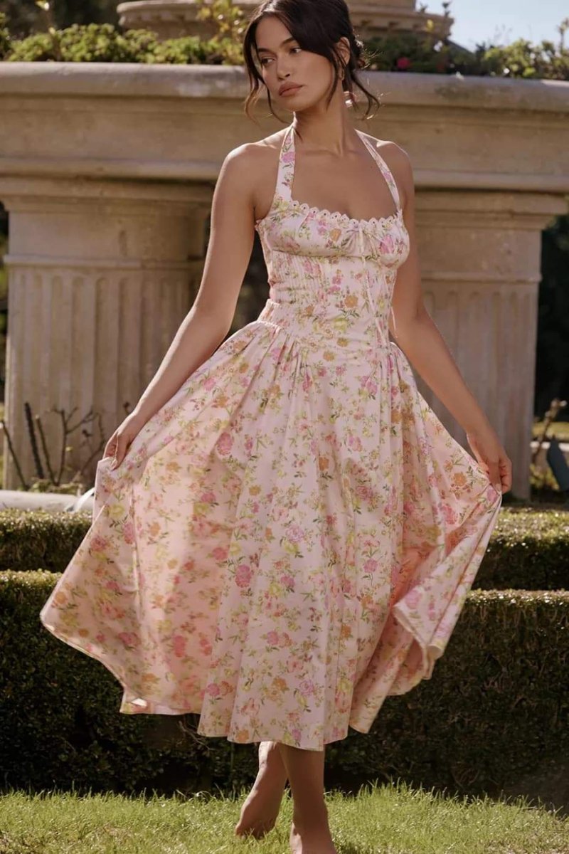 Abigail Patterned Halterneck Corset Midi-Length Dress