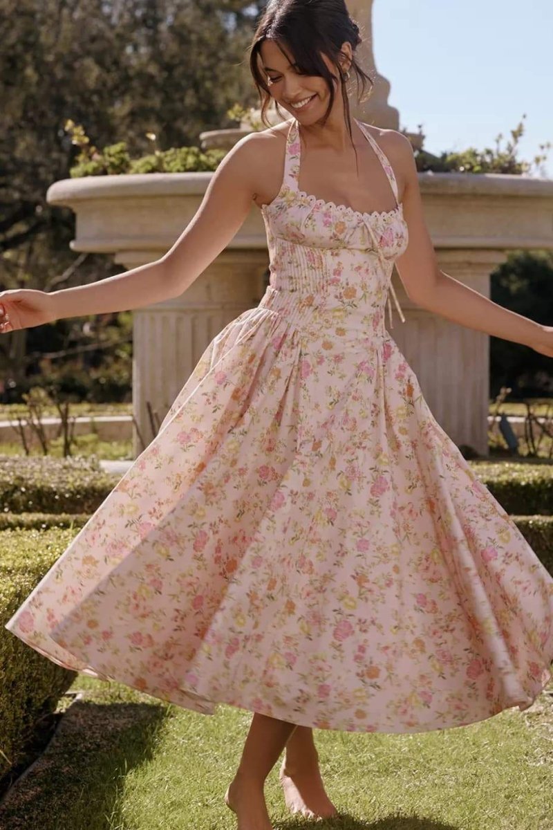 Abigail Patterned Halterneck Corset Midi-Length Dress
