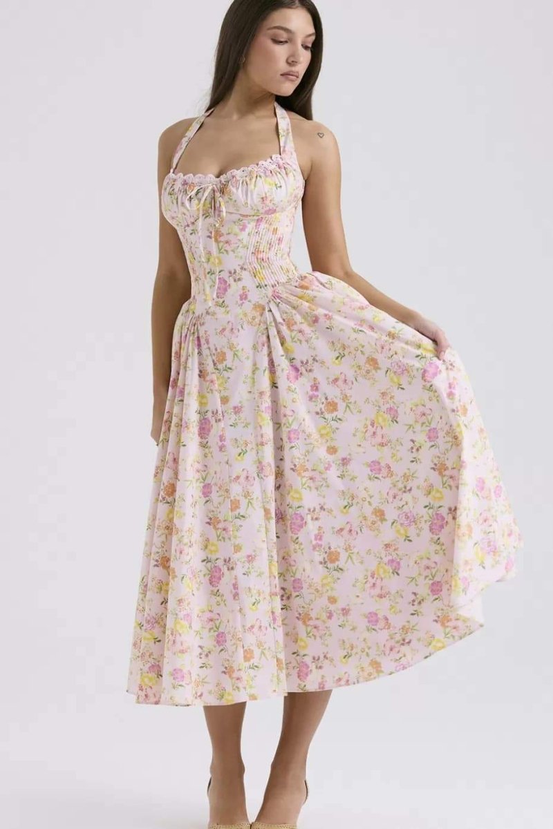 Abigail Patterned Halterneck Corset Midi-Length Dress