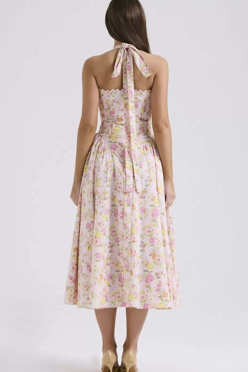 Abigail Patterned Halterneck Corset Midi-Length Dress