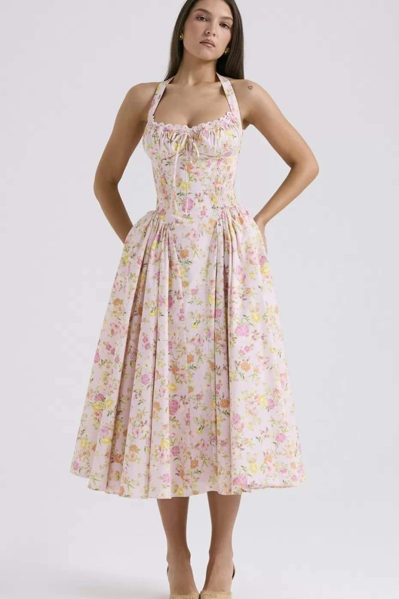 Abigail Patterned Halterneck Corset Midi-Length Dress