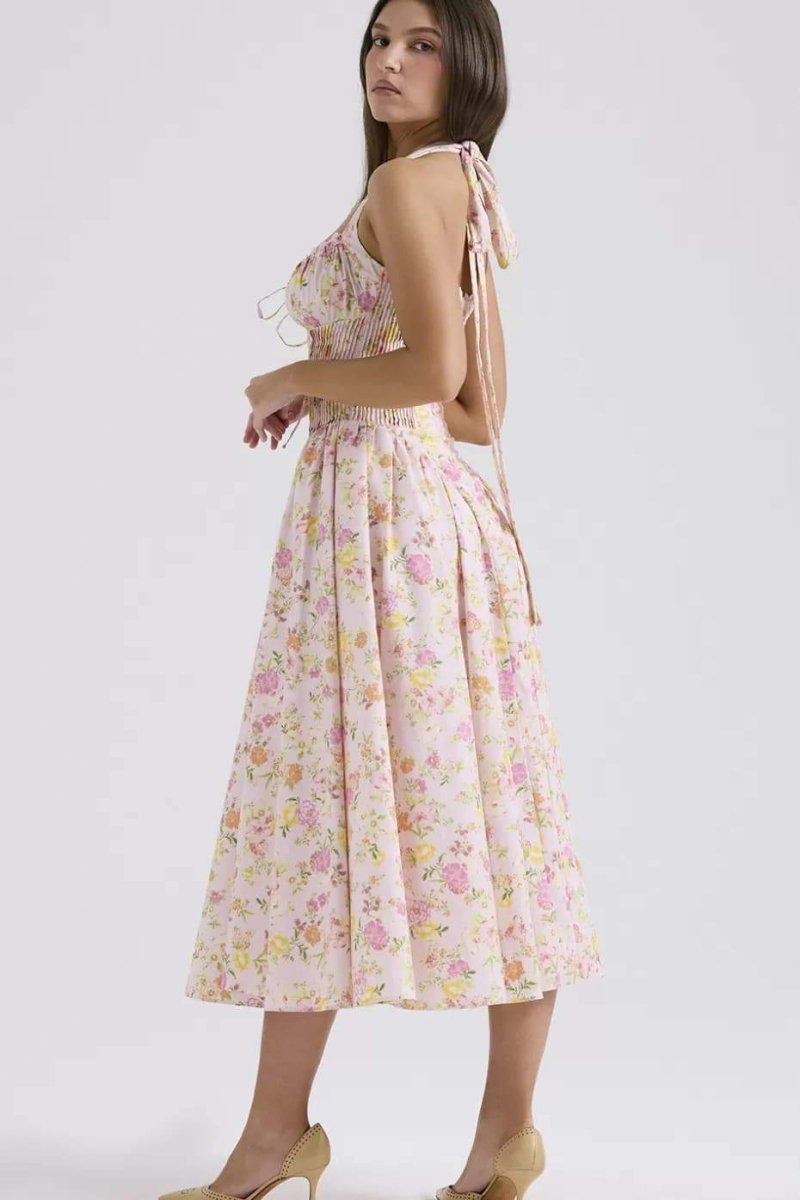 Abigail Patterned Halterneck Corset Midi-Length Dress