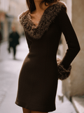 Refined Chocolate Faux Fur Collar And Cuffs Knit Mini-Length Dress