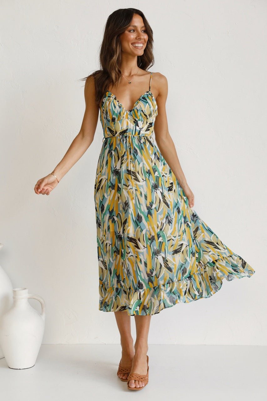 Adela Patterned Ruffled Trim Midi Sundress