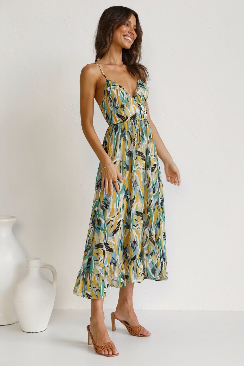 Adela Patterned Ruffled Trim Midi Sundress