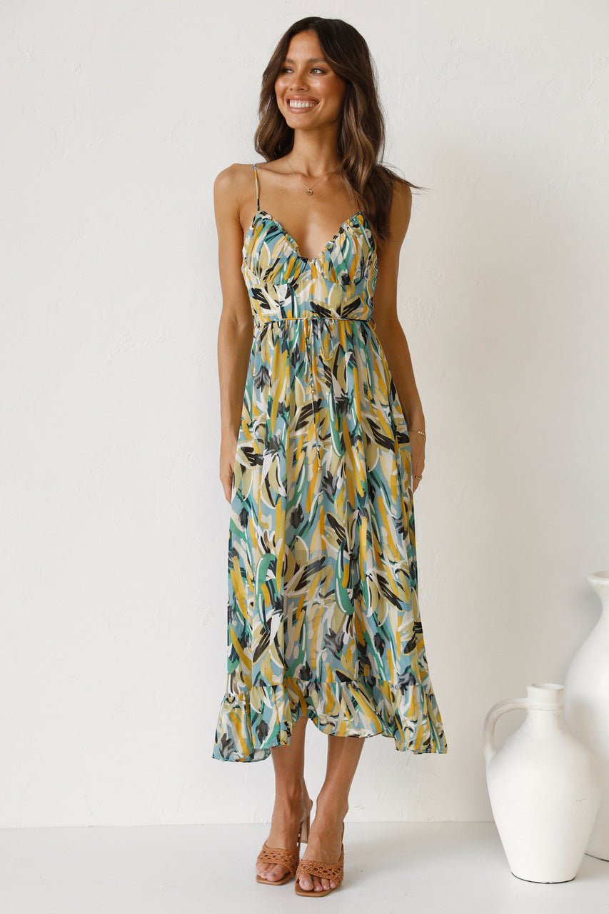 Adela Patterned Ruffled Trim Midi Sundress
