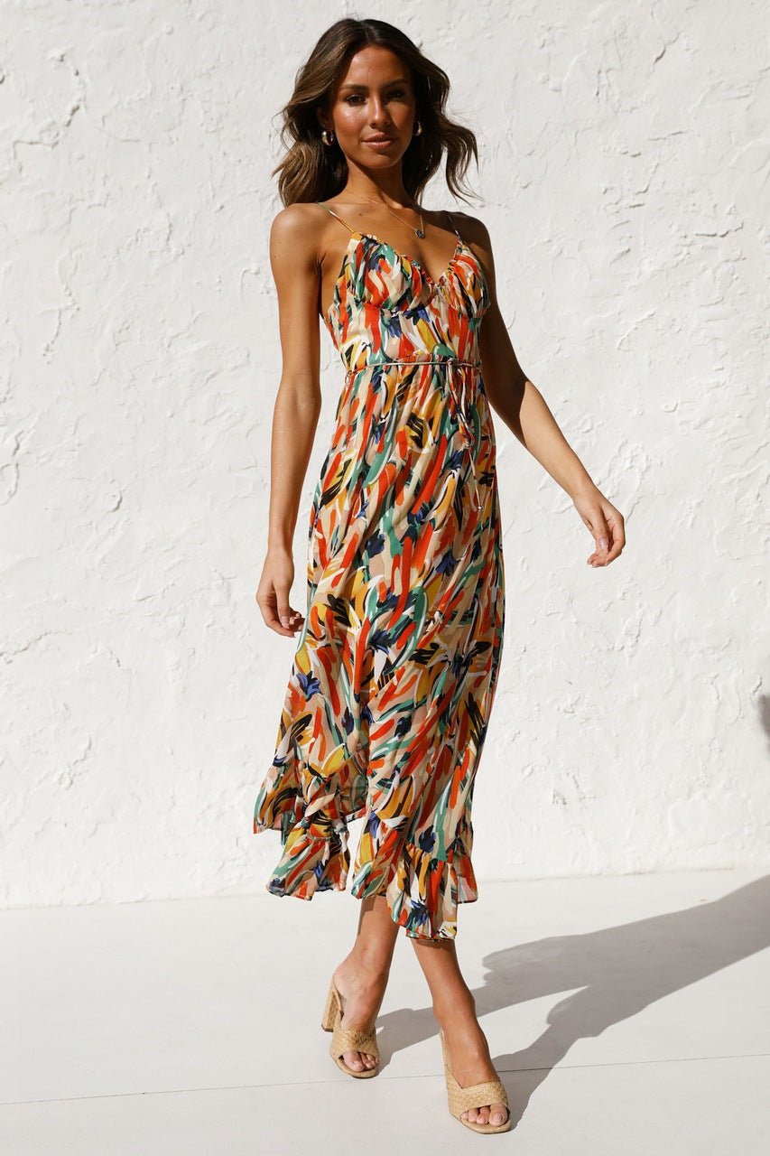 Adela Patterned Ruffled Trim Midi Sundress