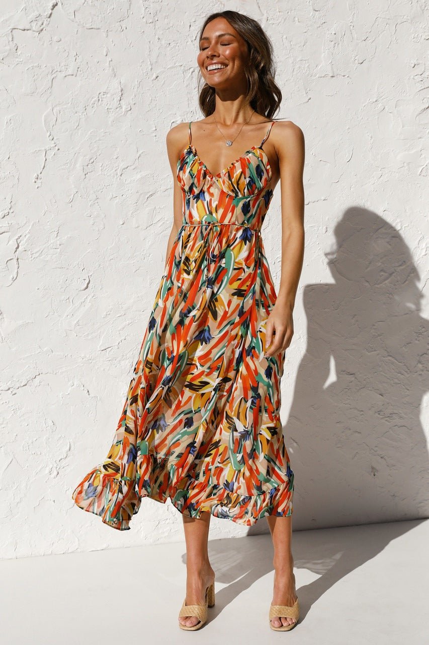 Adela Patterned Ruffled Trim Midi Sundress
