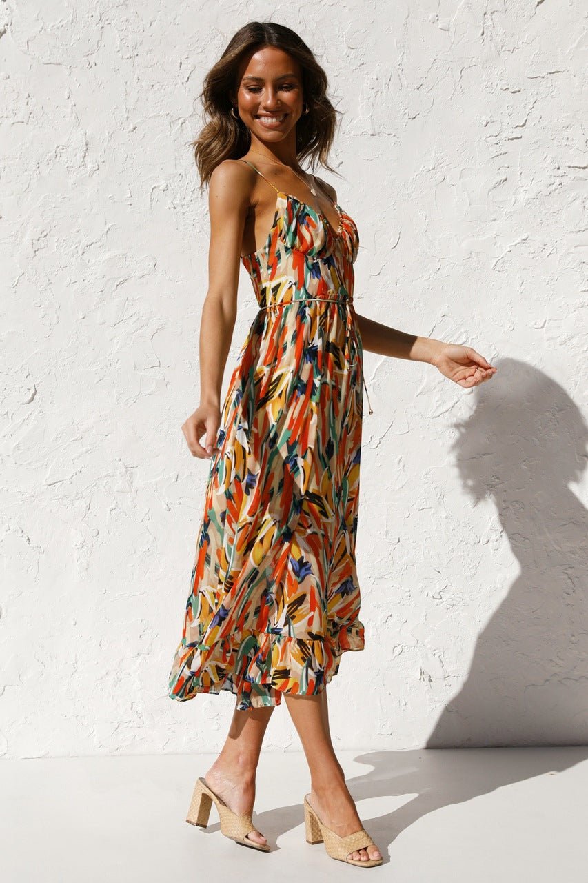 Adela Patterned Ruffled Trim Midi Sundress