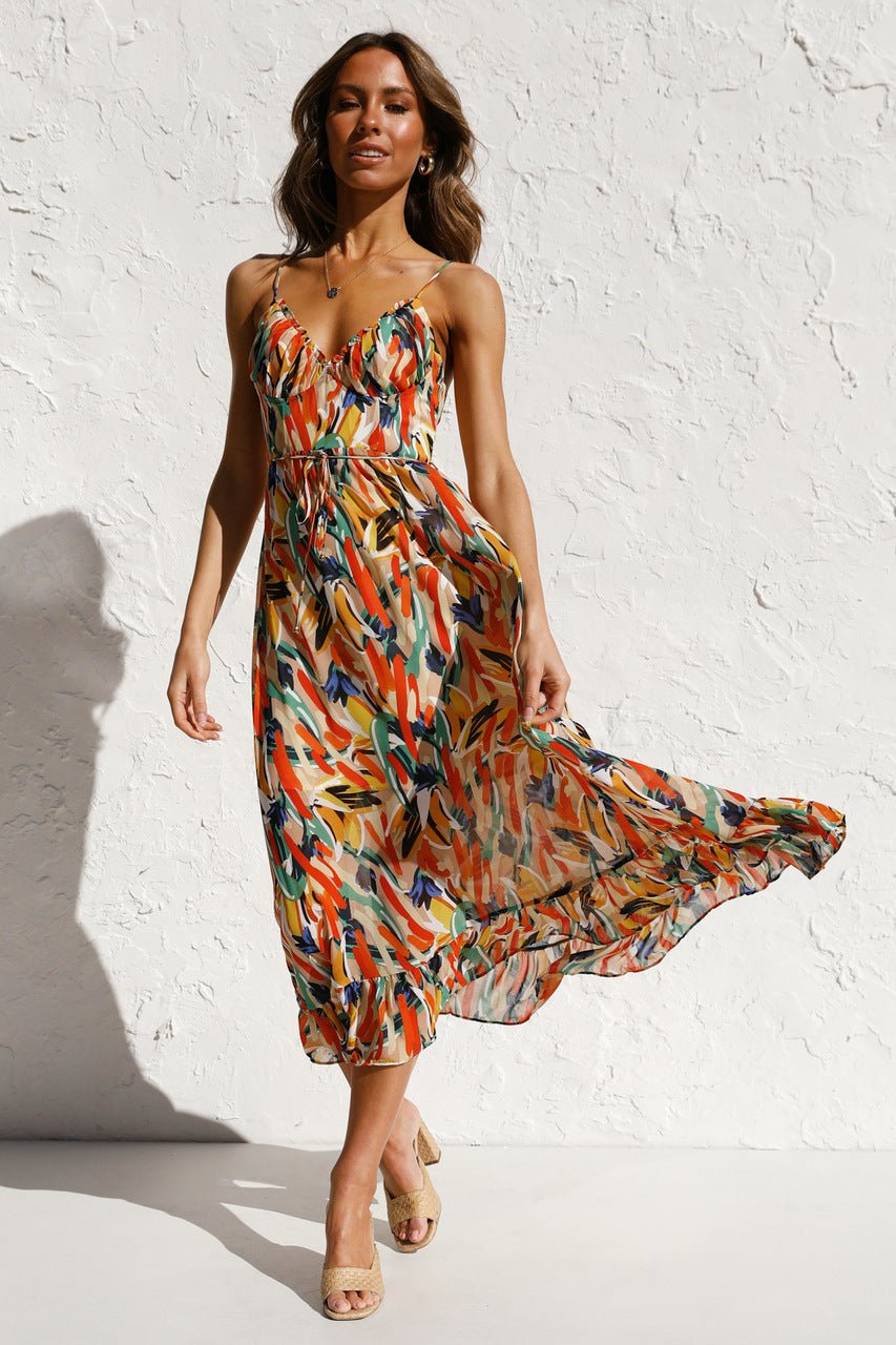 Adela Patterned Ruffled Trim Midi Sundress