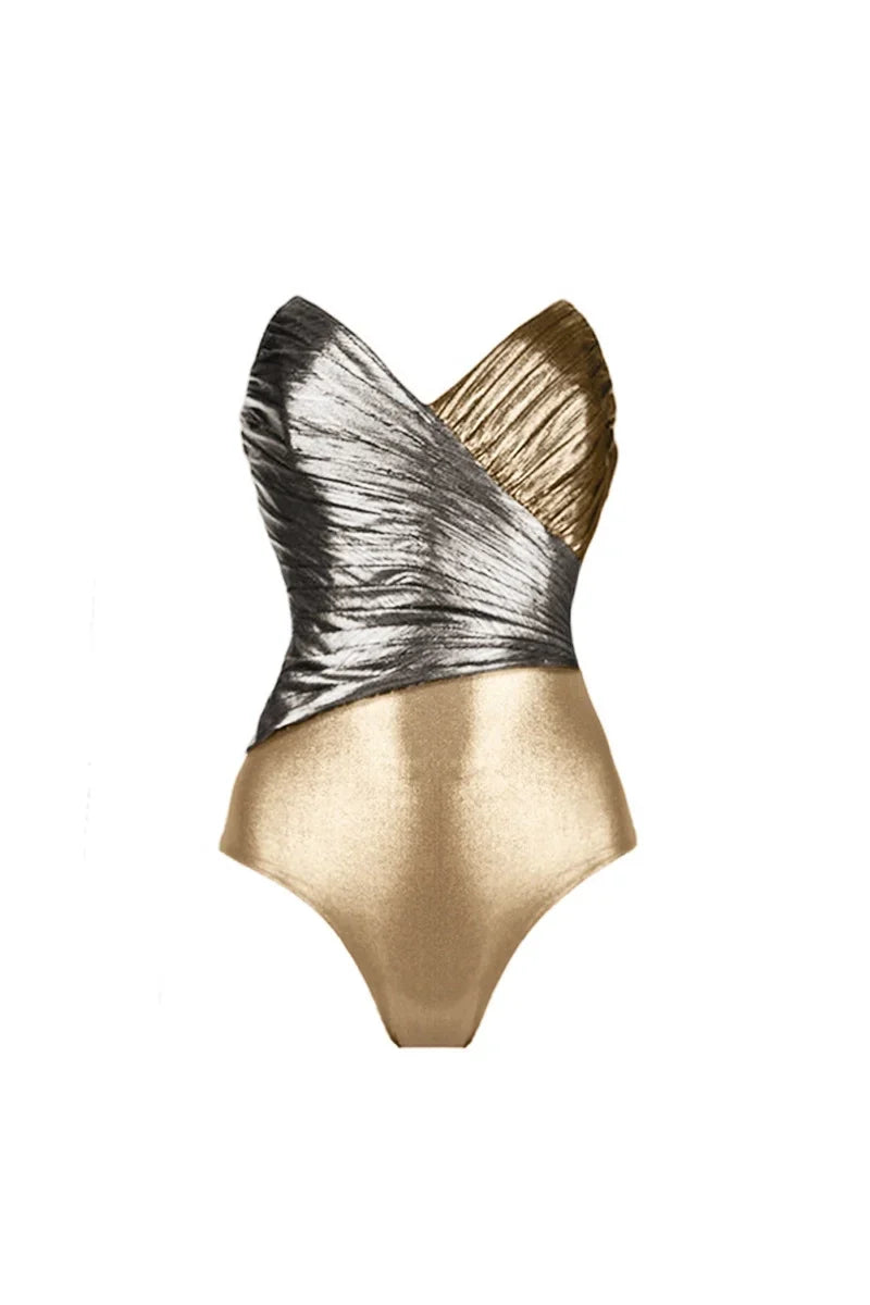 Cut-Out Gold Patchwork One-Piece Skirt Set