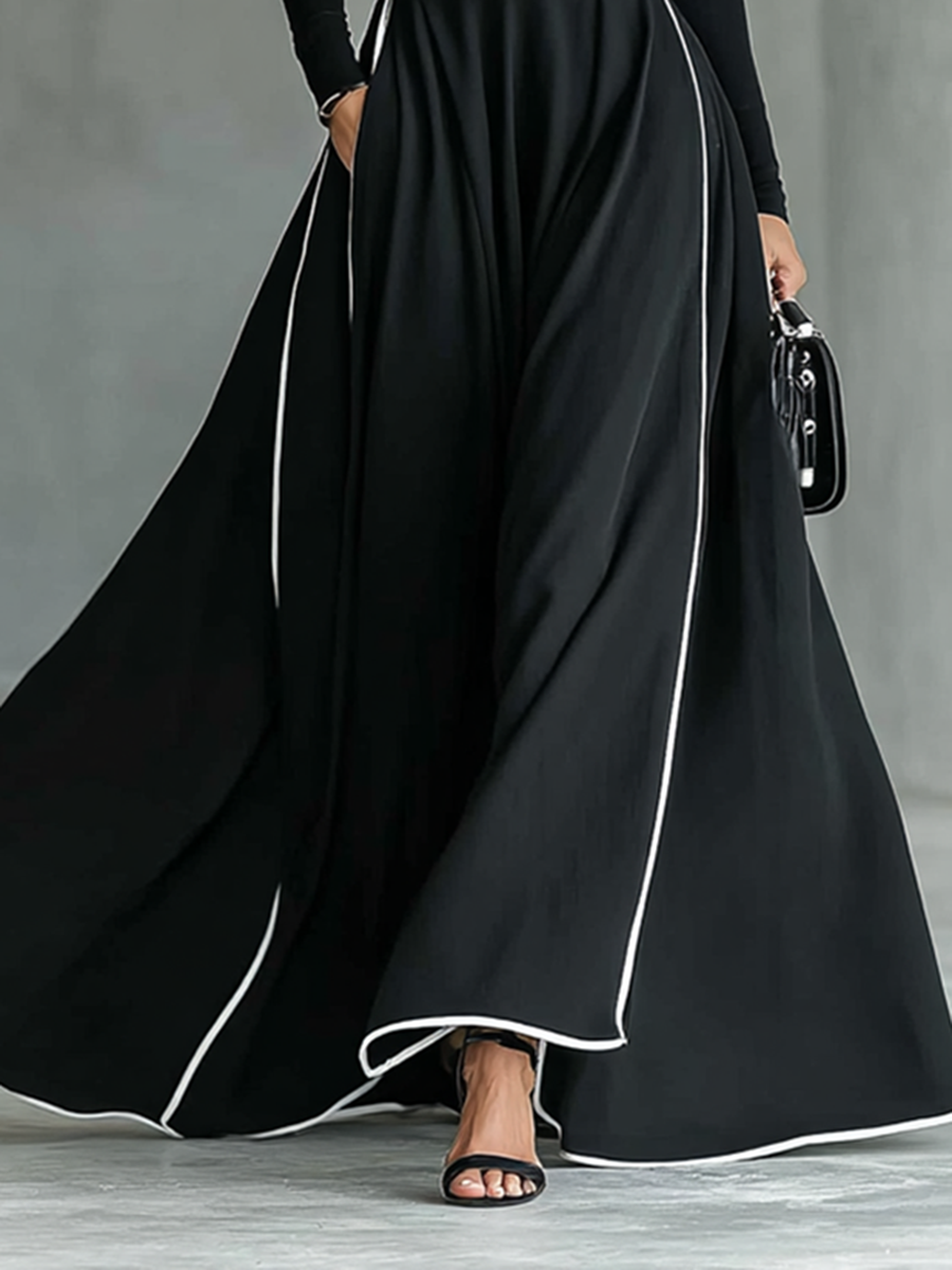 Women's Black Stitching White Trim High Collar Long Sleeve Tight Belt Maxi-Length Dress