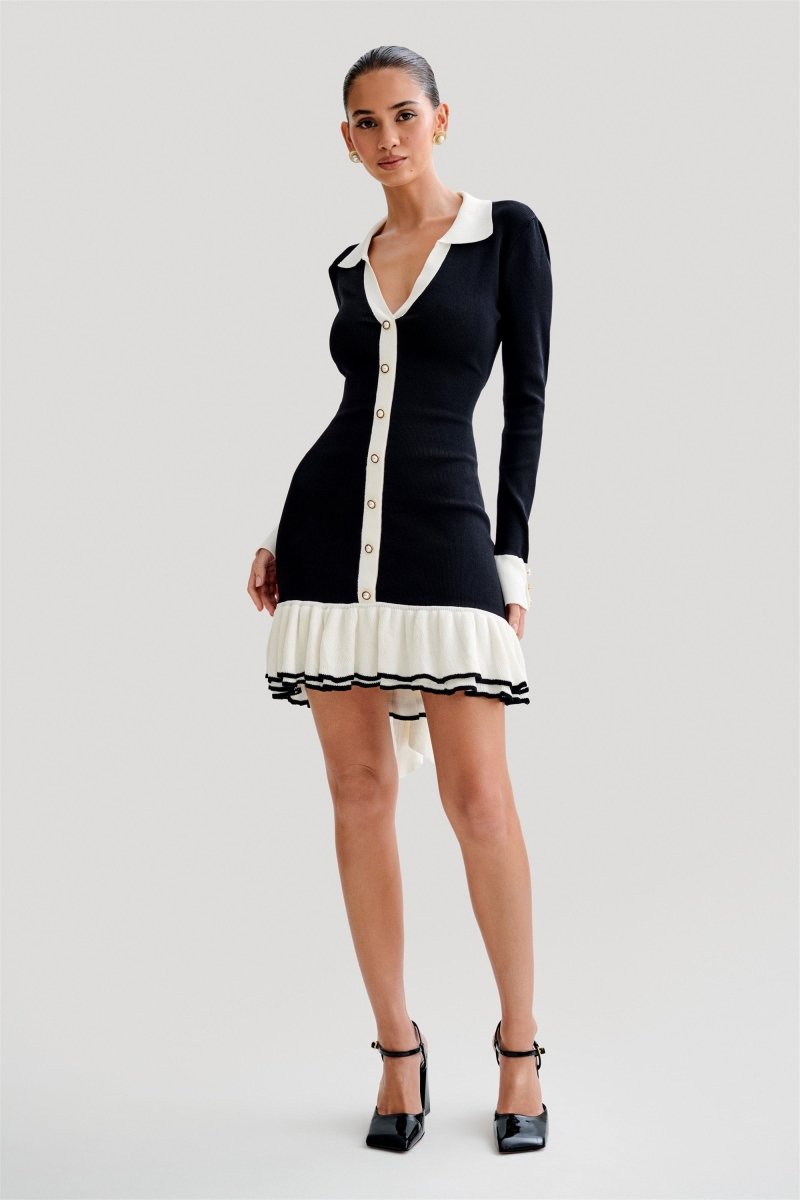 Alexia Contrast Ruffled Bow Mini Knit Dress