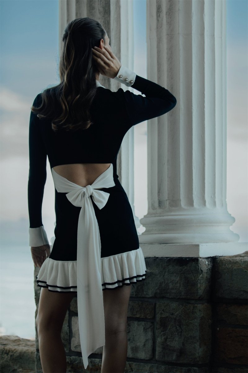 Alexia Contrast Ruffled Bow Mini Knit Dress