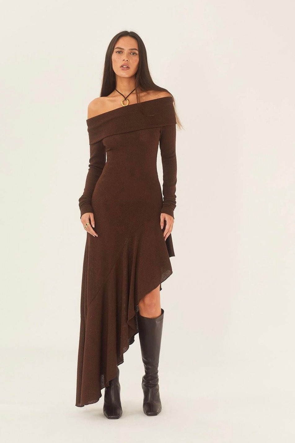 Modern Alisa Off-shoulder Flare Midi Knit Dress