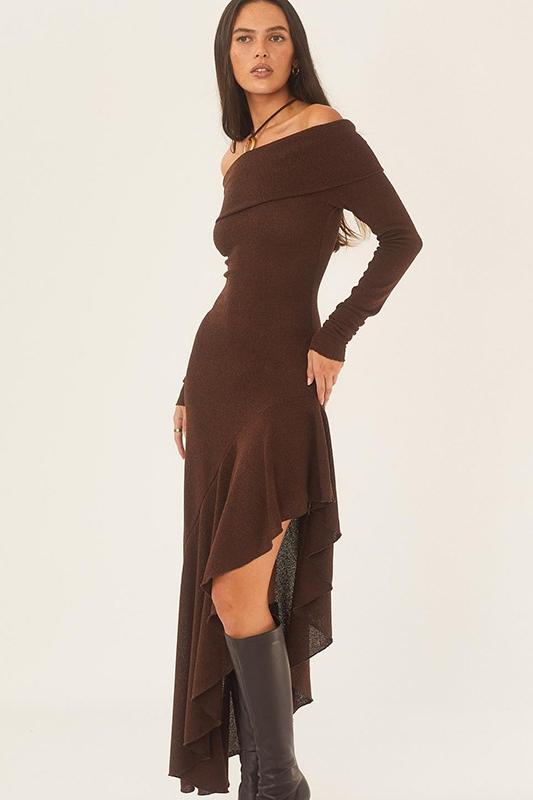 Modern Alisa Off-shoulder Flare Midi Knit Dress