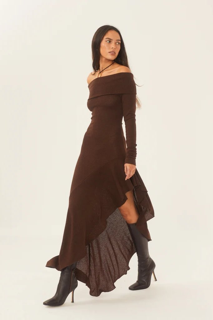 Modern Alisa Off-shoulder Flare Midi Knit Dress
