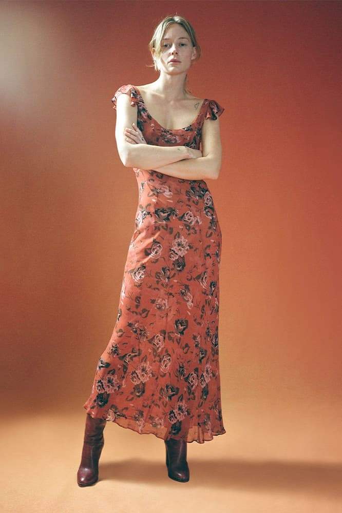 Alison Flower Patterned U-Neck Maxi-Length Dress