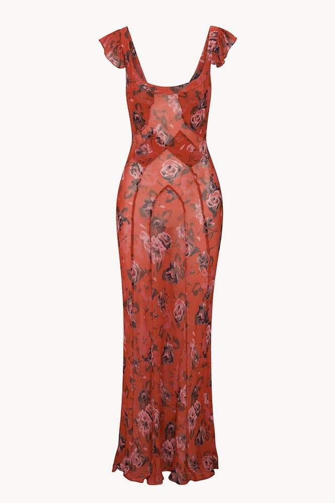 Alison Flower Patterned U-Neck Maxi-Length Dress