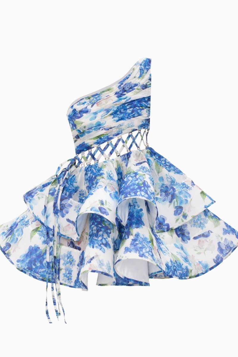 Andrea Flower Patterned One-shoulder Mini Chiffon Dress