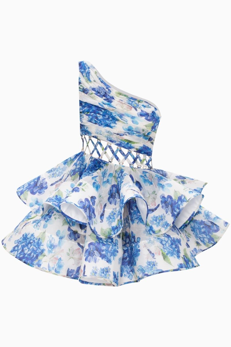 Andrea Flower Patterned One-shoulder Mini Chiffon Dress