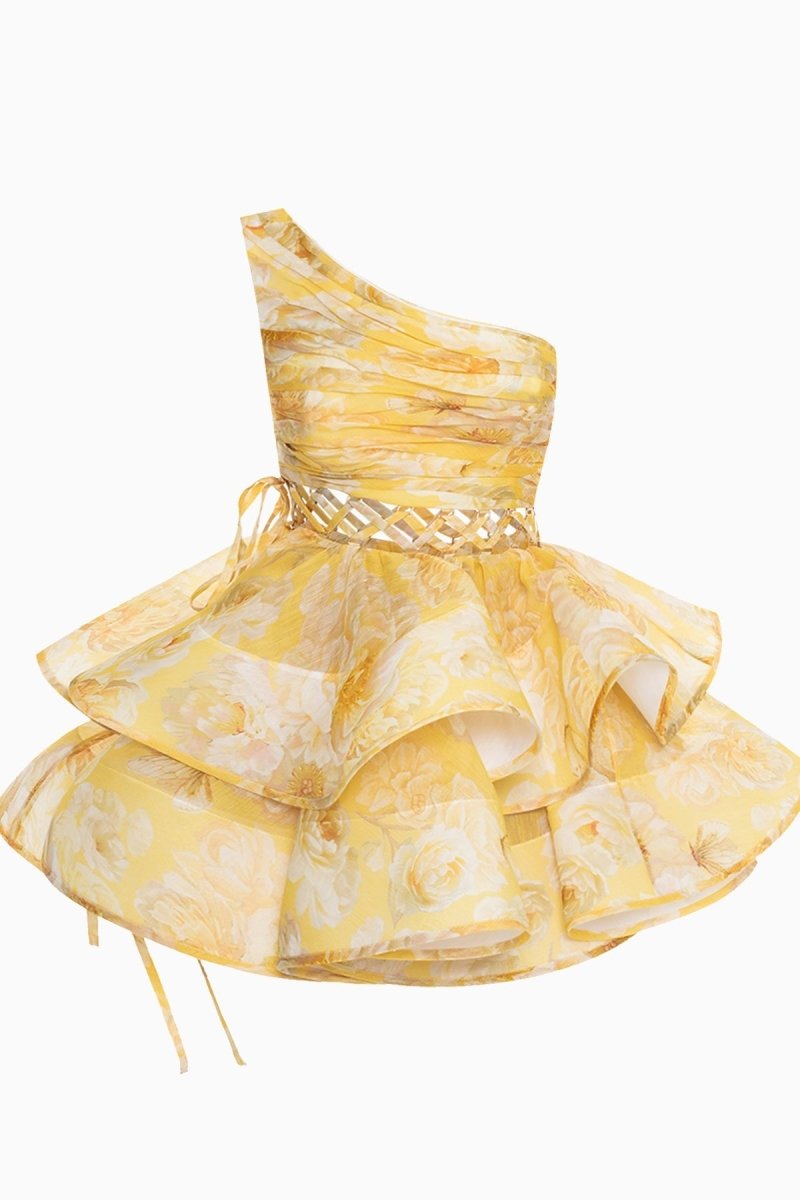 Andrea Flower Patterned One-shoulder Mini Chiffon Dress