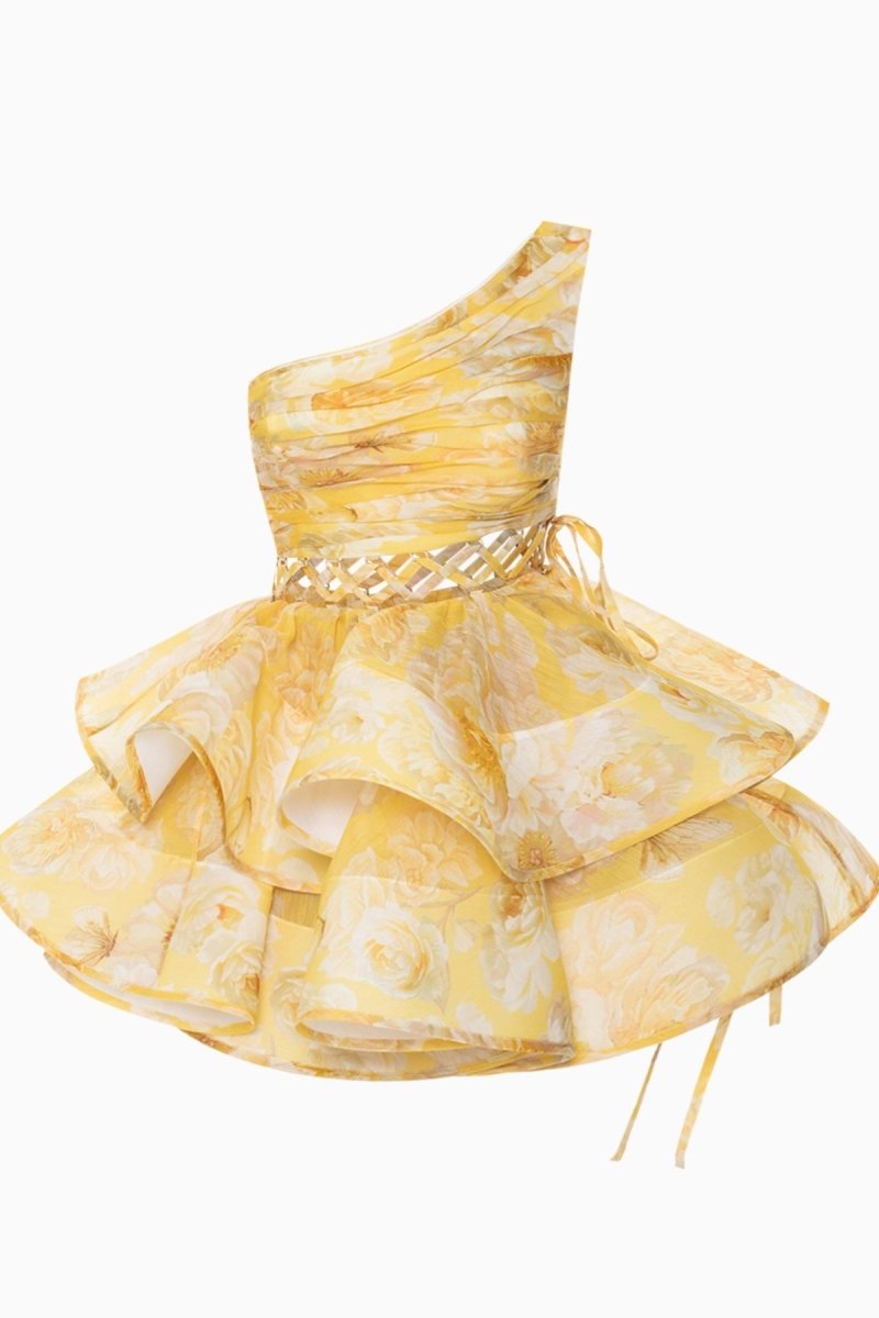Andrea Flower Patterned One-shoulder Mini Chiffon Dress
