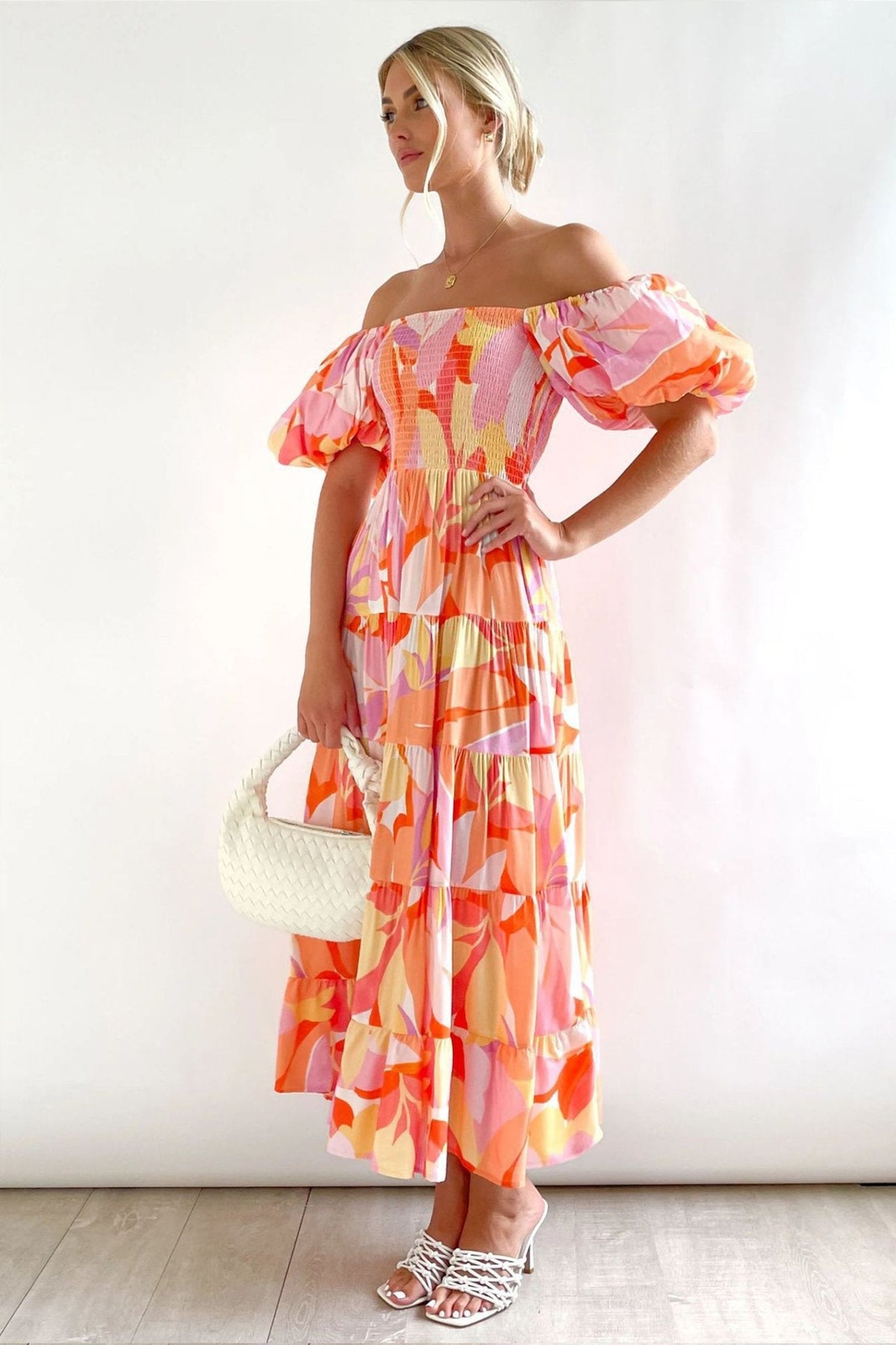 Andrea Patterned Off-shoulder Puff Sleeve Tiered Maxi-Length Dress