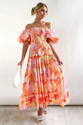 Andrea Patterned Off-shoulder Puff Sleeve Tiered Maxi-Length Dress