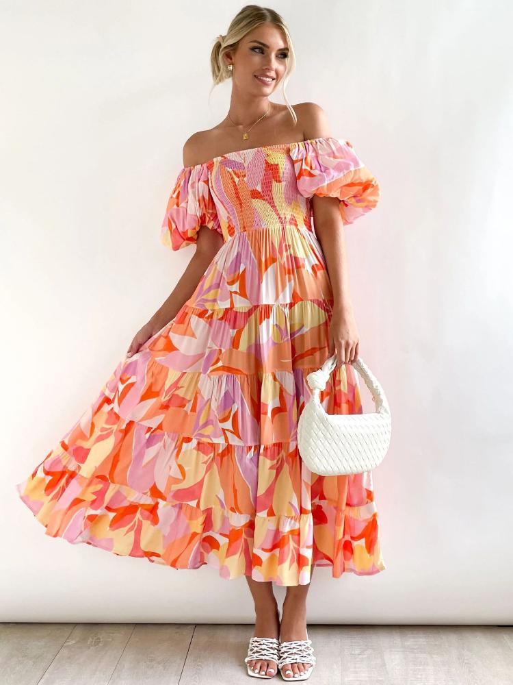 Andrea Patterned Off-shoulder Puff Sleeve Tiered Maxi-Length Dress