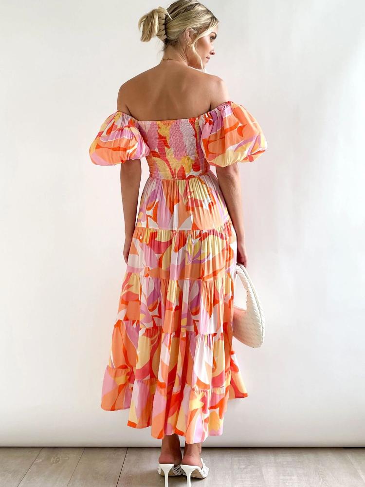 Andrea Patterned Off-shoulder Puff Sleeve Tiered Maxi-Length Dress