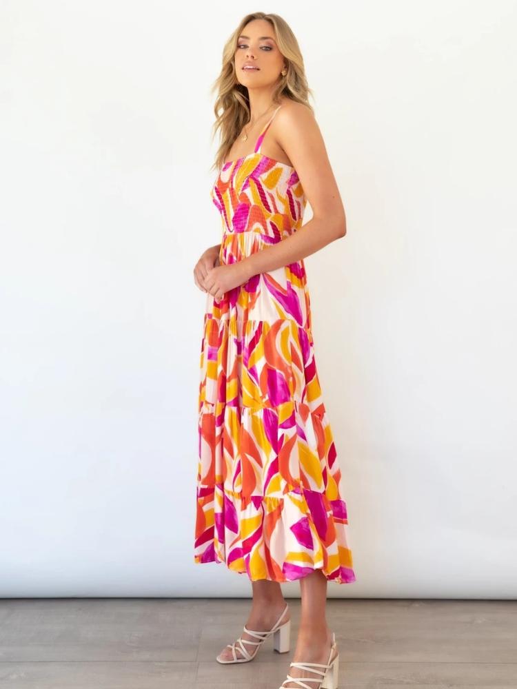 Andrea Patterned Shirred Bodice Tiered Maxi Sundress