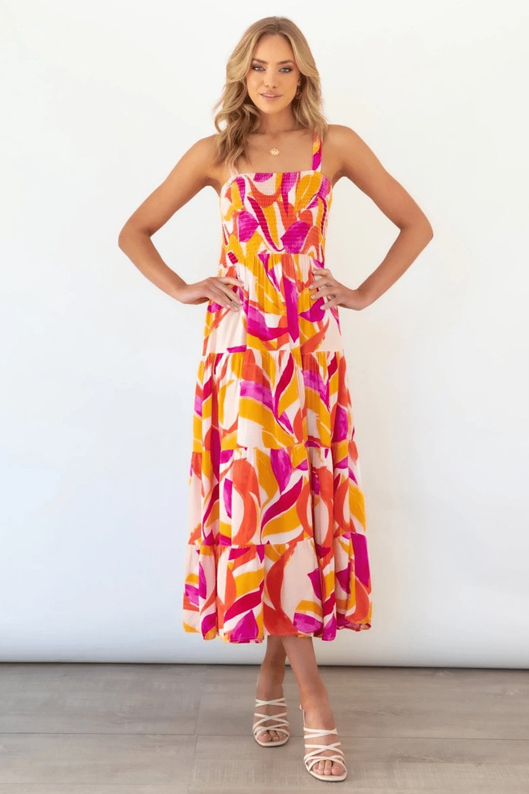 Andrea Patterned Shirred Bodice Tiered Maxi Sundress