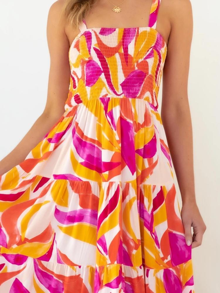 Andrea Patterned Shirred Bodice Tiered Maxi Sundress
