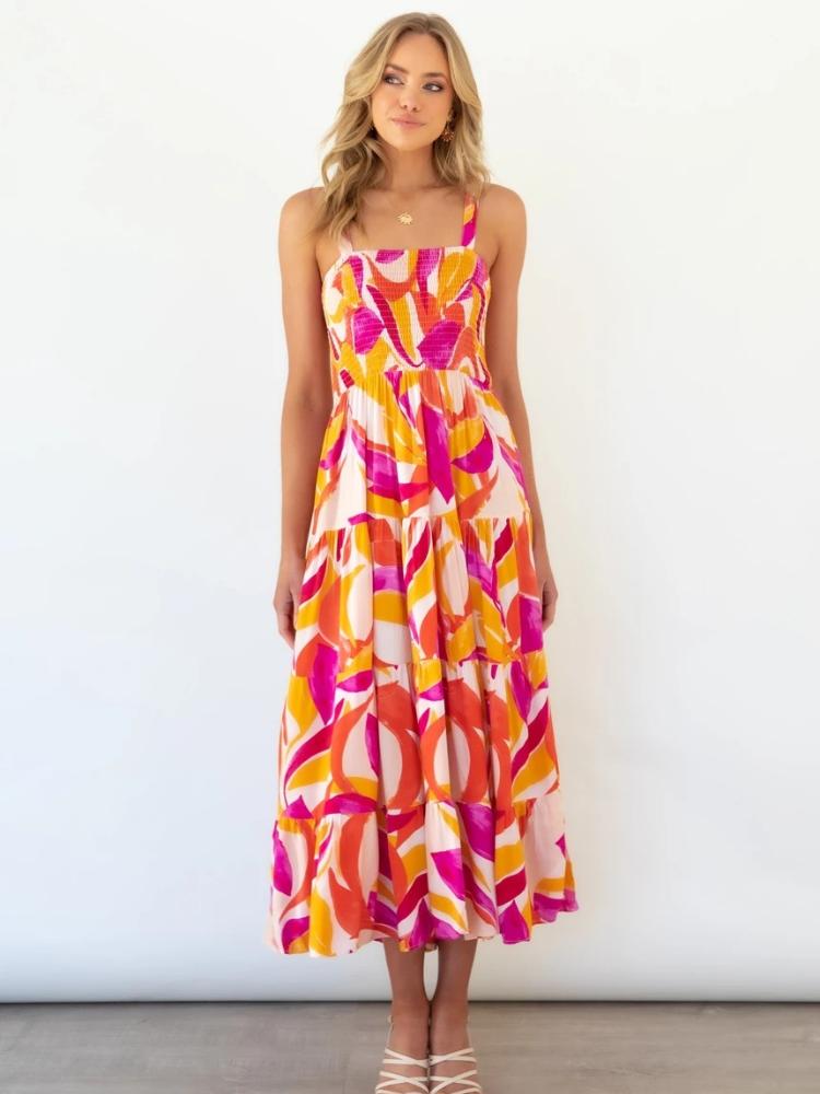 Andrea Patterned Shirred Bodice Tiered Maxi Sundress