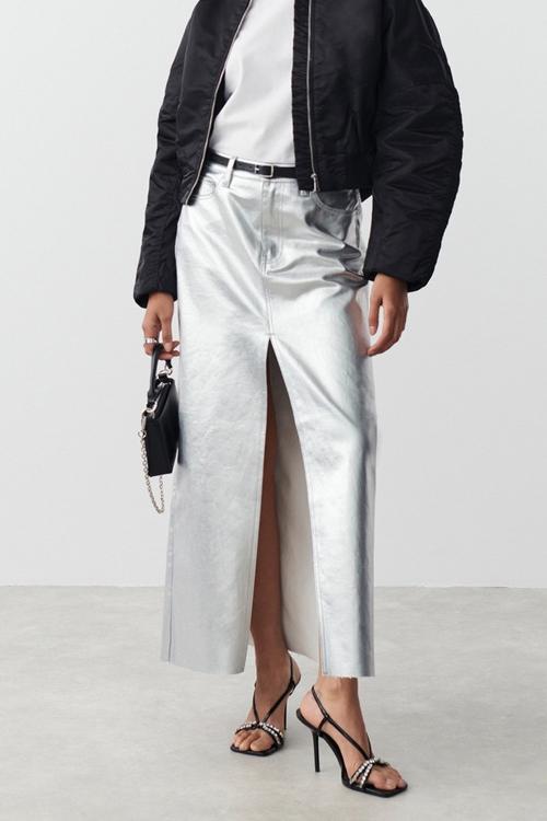 Modern Andrey Metallic Maxi Slit Skirt
