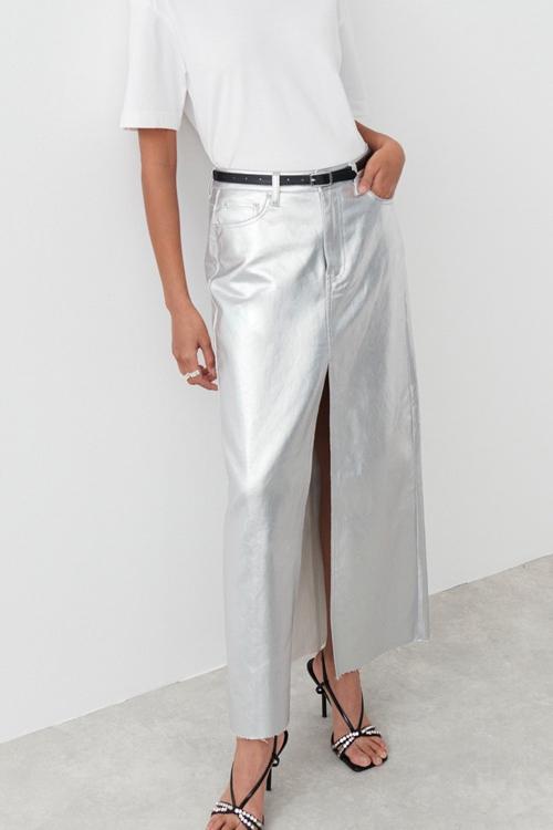 Modern Andrey Metallic Maxi Slit Skirt