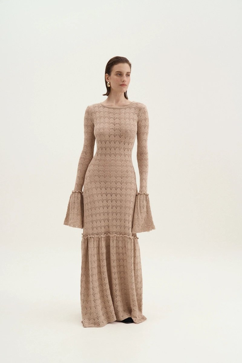 Anna Crew Neck Flared Cuff Knitted Maxi-Length Dress