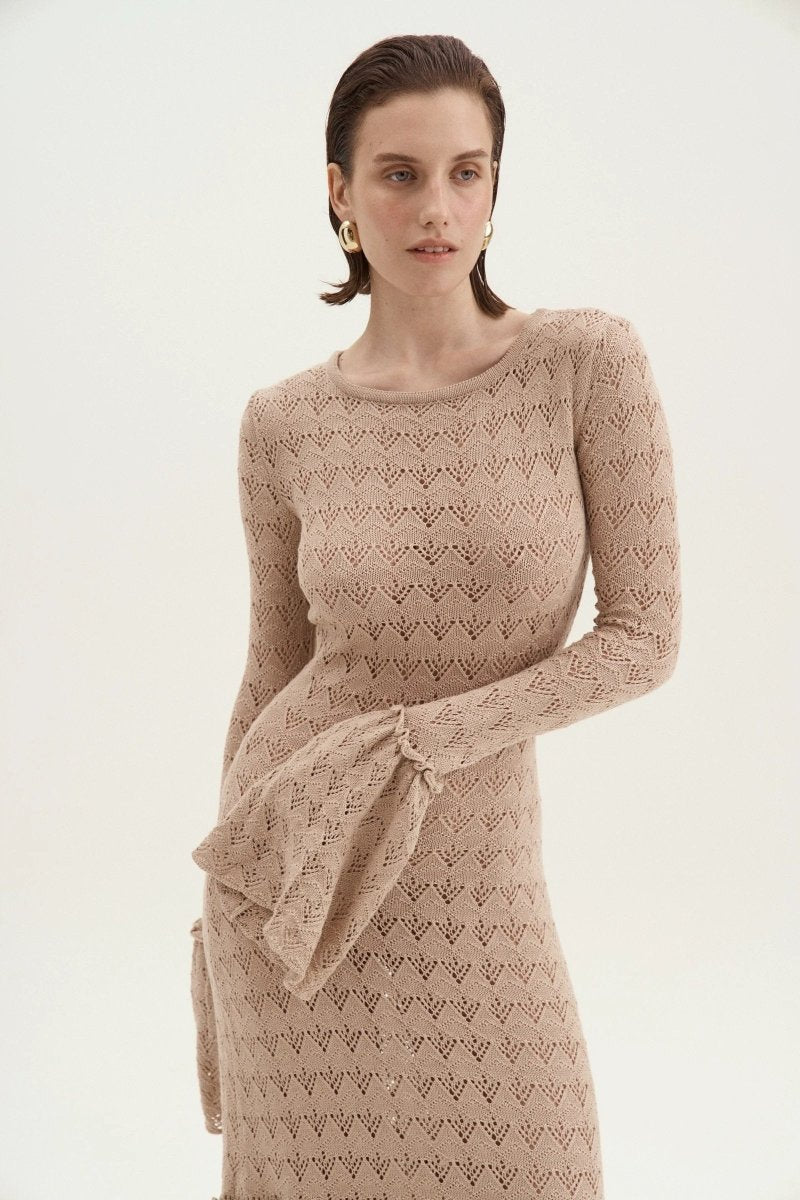 Anna Crew Neck Flared Cuff Knitted Maxi-Length Dress