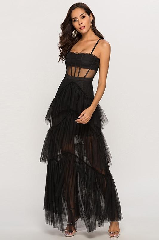 Arlene Corset Leayered Mesh Slip Maxi-Length Dress