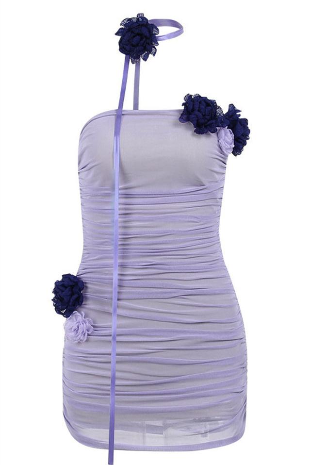 Athena Flower Applique Mesh Mini-Length Dress