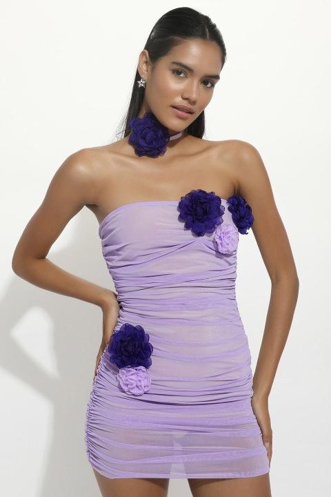 Athena Flower Applique Mesh Mini-Length Dress