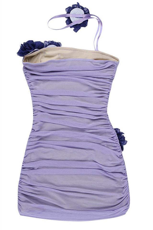 Athena Flower Applique Mesh Mini-Length Dress