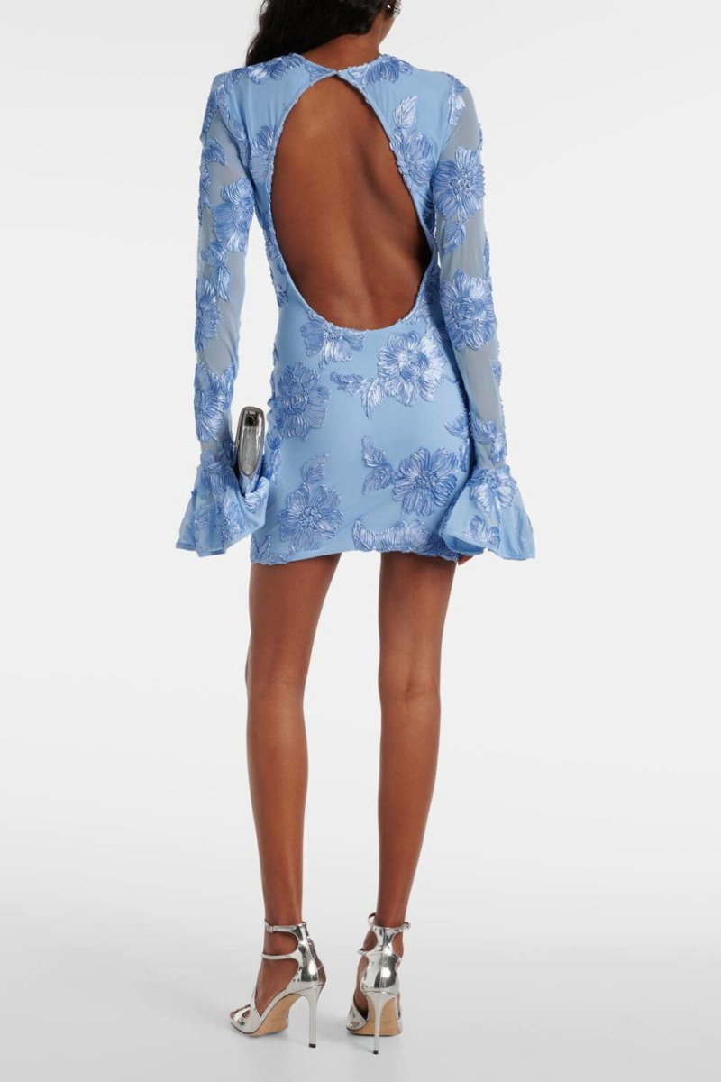 Aurora Embroidered Open-Back Mesh Mini-Length Dress
