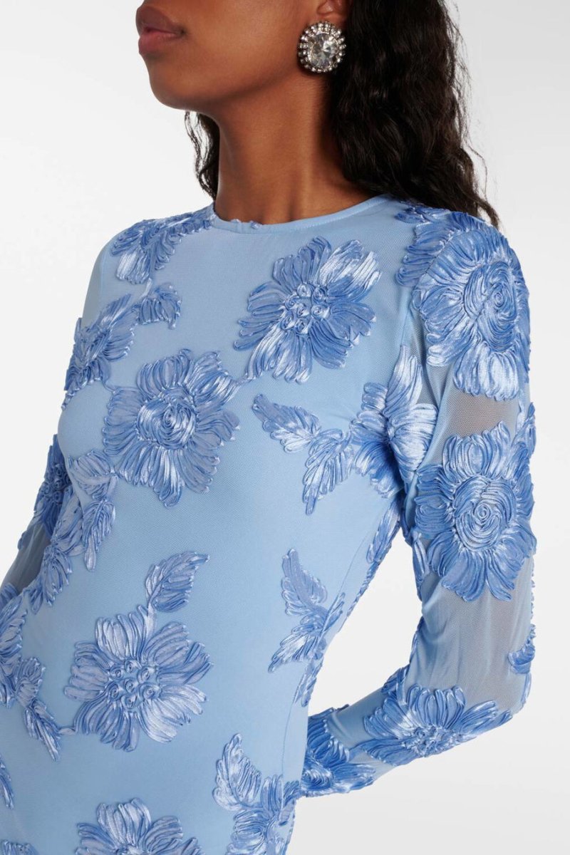 Aurora Embroidered Open-Back Mesh Mini-Length Dress