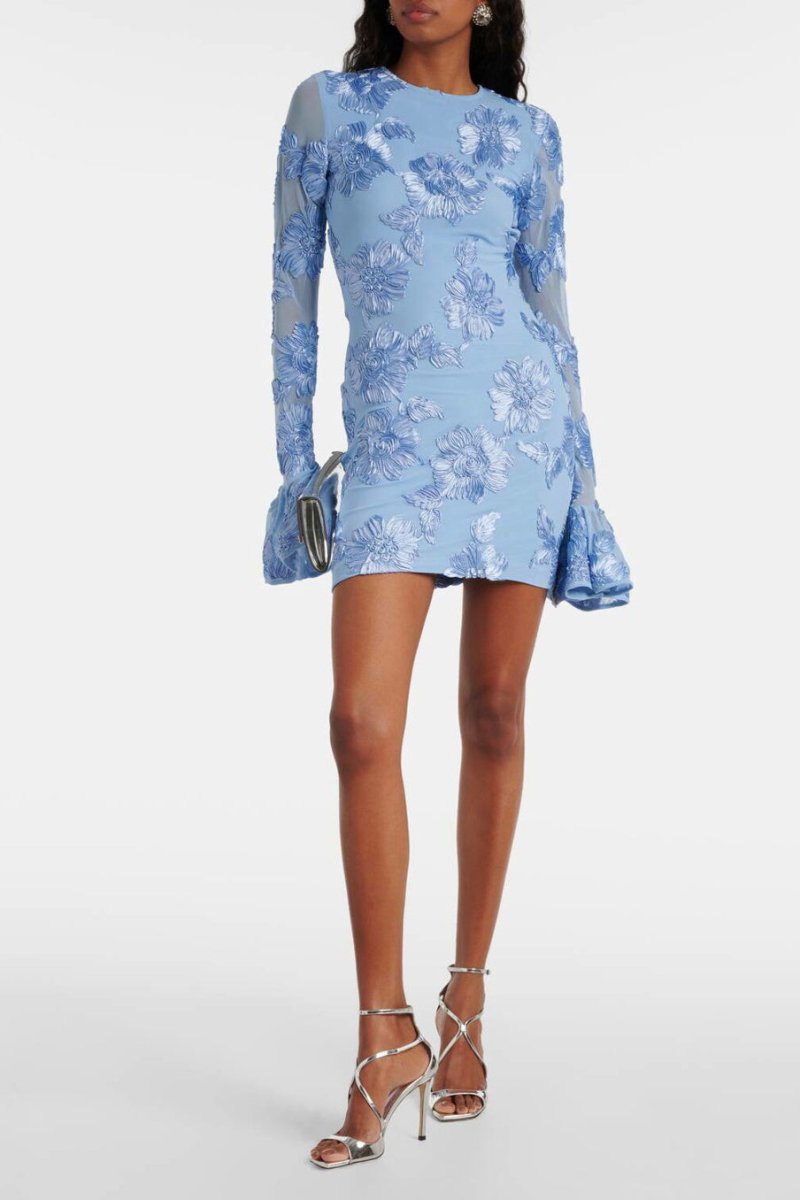 Aurora Embroidered Open-Back Mesh Mini-Length Dress