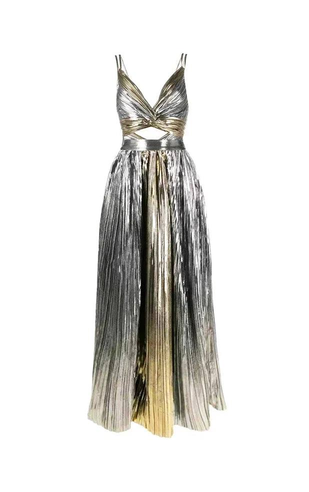 Cut-Out Silver Patchwork One-Piece with Skirt